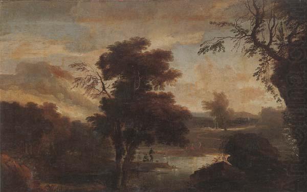 A Wooded landscape with figures bathing and resting on the bank of a river, unknow artist